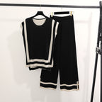 New Fashion Simple Stitching Loose Shawl Sleeve Sweater Top High-Waisted Slimming Wide Leg Pants Two-Piece Set For