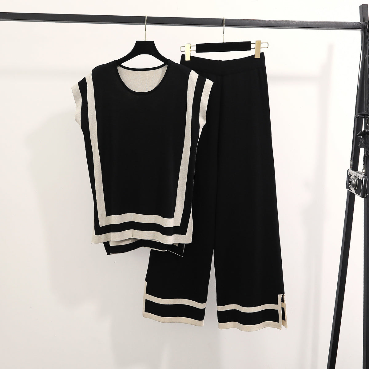 New Fashion Simple Stitching Loose Shawl Sleeve Sweater Top High-Waisted Slimming Wide Leg Pants Two-Piece Set For