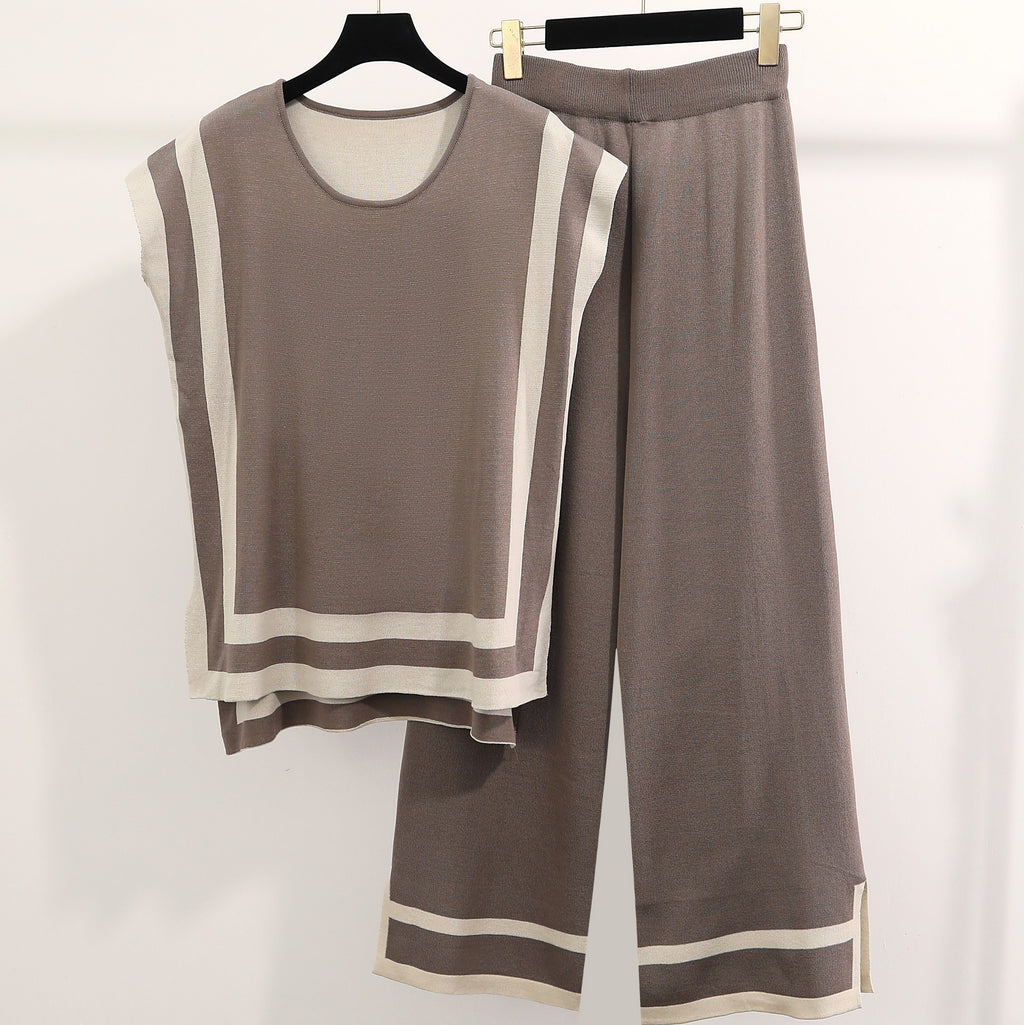 New Fashion Simple Stitching Loose Shawl Sleeve Sweater Top High-Waisted Slimming Wide Leg Pants Two-Piece Set For