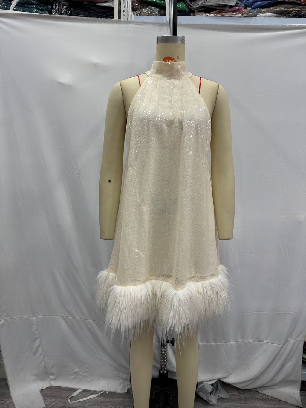 Hem Furry Sequ Halterneck Dress