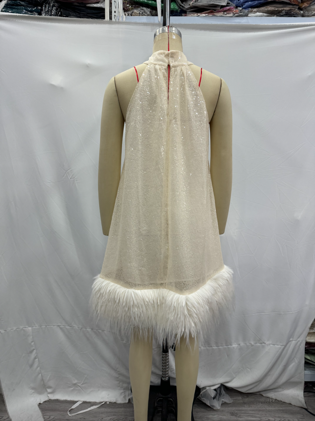 Hem Furry Sequ Halterneck Dress