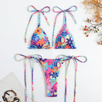 Blue floral triangle lace-up bikini with multicolor string ties and high-cut bottom