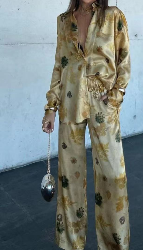 Women's Printed Shirt Top Trousers Suit