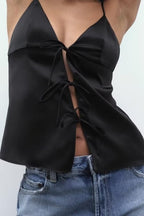 Women's Spring Bow Button Black Camisole Small Vest