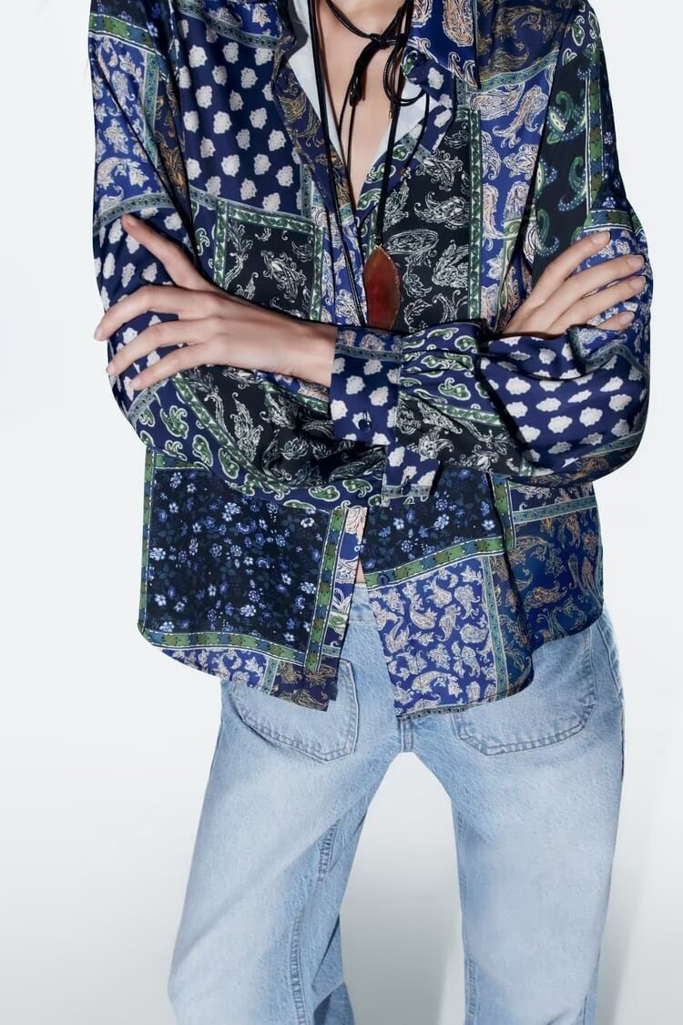 Women’s Patchwork Satin Collared Shirt