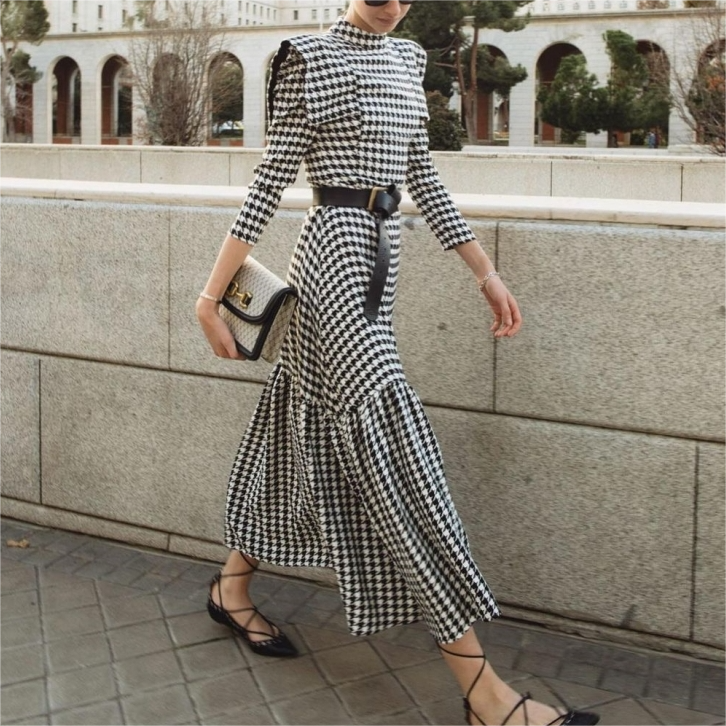 Spring Middle East Houndstooth Dress Retro Stand Long Sleeve Maxi