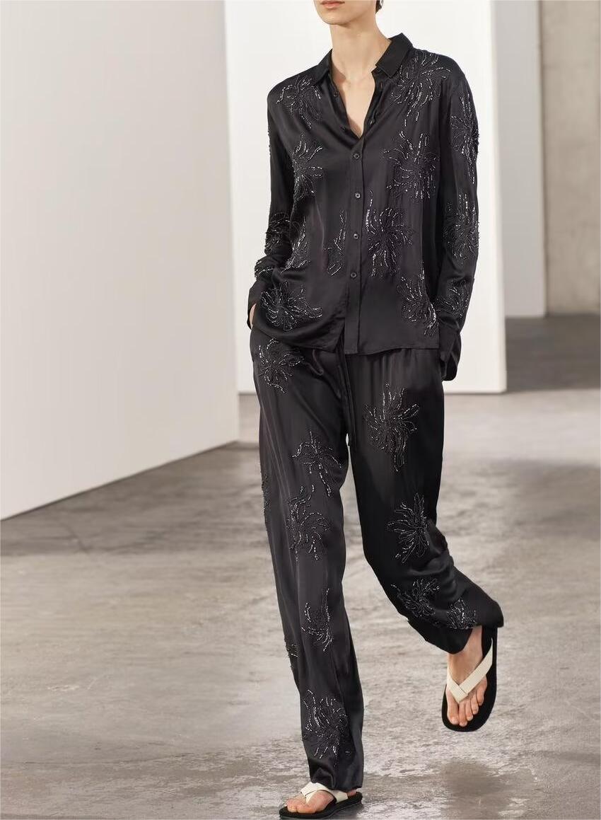 Long-Sleeve Beaded Embroidered Shirt Set