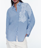 Women's Embroidered Floral Decorative Striped Shirt