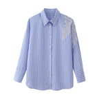 Women's Embroidered Floral Decorative Striped Shirt
