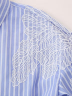 Women's Embroidered Floral Decorative Striped Shirt