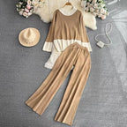 Long-Sleeve Contrast Collar Loose Knit Top Two-Piece Set High-Waisted Slimming Wide Leg Pants