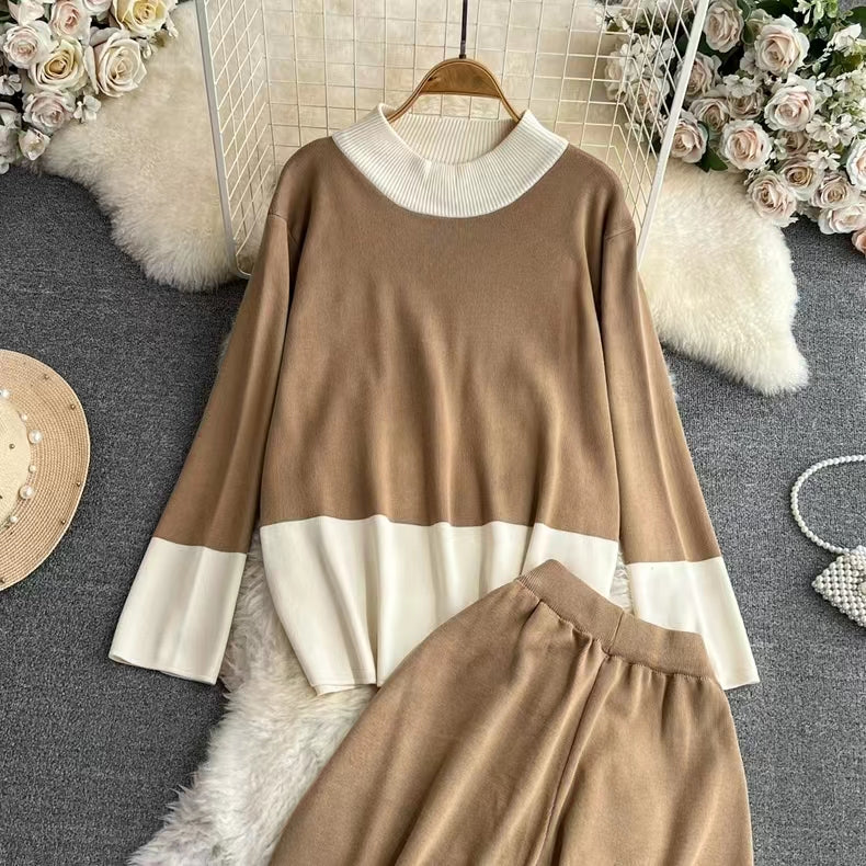Long-Sleeve Contrast Collar Loose Knit Top Two-Piece Set High-Waisted Slimming Wide Leg Pants