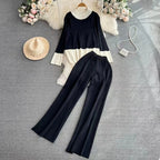 Long-Sleeve Contrast Collar Loose Knit Top Two-Piece Set High-Waisted Slimming Wide Leg Pants