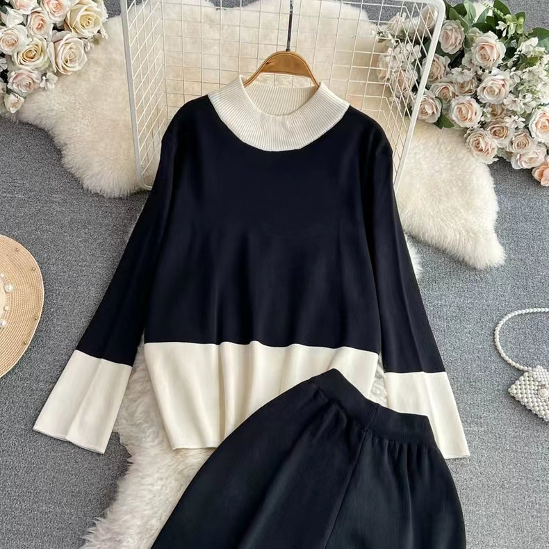 Long-Sleeve Contrast Collar Loose Knit Top Two-Piece Set High-Waisted Slimming Wide Leg Pants