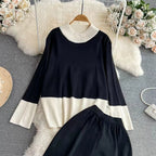 Long-Sleeve Contrast Collar Loose Knit Top Two-Piece Set High-Waisted Slimming Wide Leg Pants