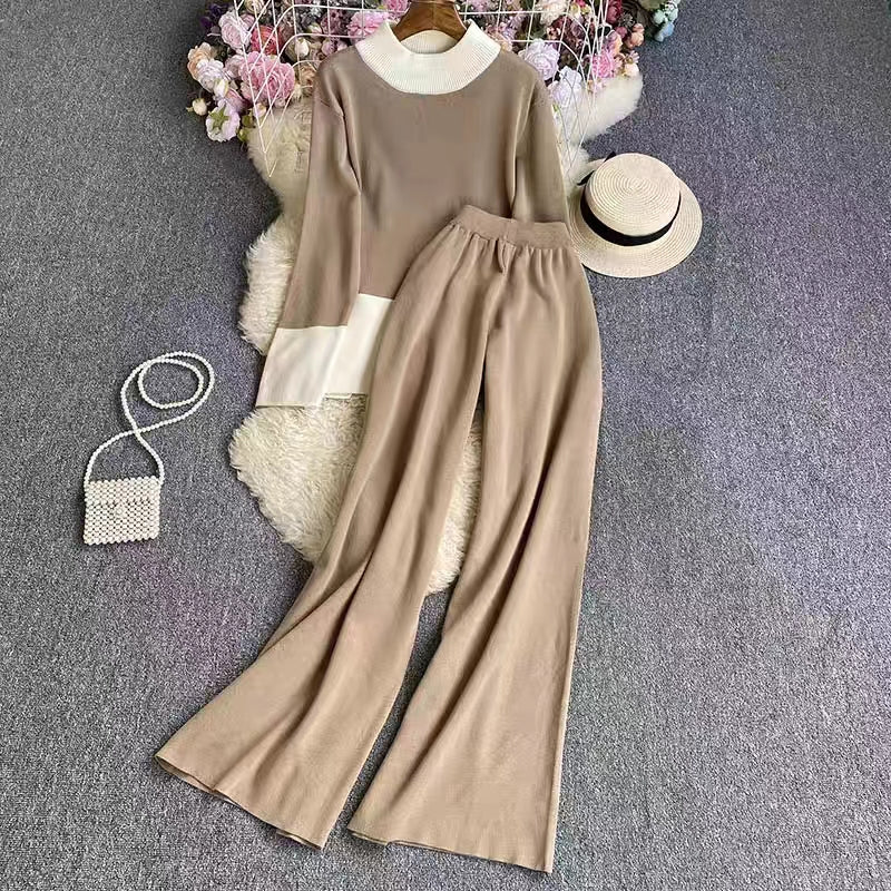 Long-Sleeve Contrast Collar Loose Knit Top Two-Piece Set High-Waisted Slimming Wide Leg Pants