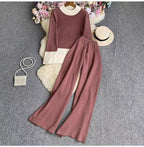 Long-Sleeve Contrast Collar Loose Knit Top Two-Piece Set High-Waisted Slimming Wide Leg Pants
