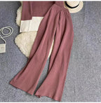 Long-Sleeve Contrast Collar Loose Knit Top Two-Piece Set High-Waisted Slimming Wide Leg Pants