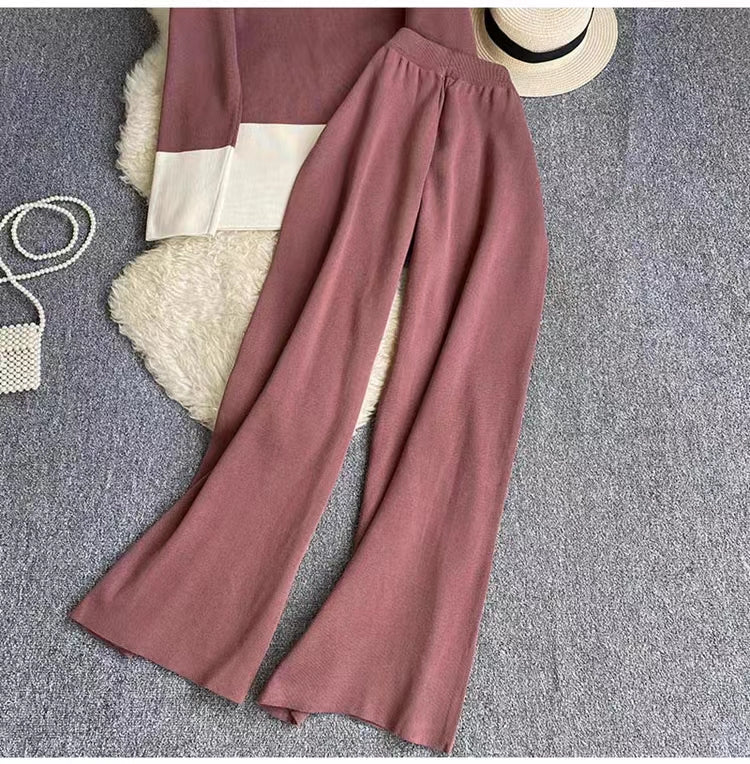 Long-Sleeve Contrast Collar Loose Knit Top Two-Piece Set High-Waisted Slimming Wide Leg Pants