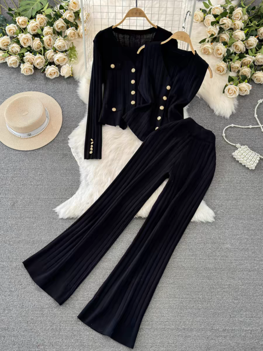 Women's New Fashion Set Korean Style Long Sleeved V Neck Single Breasted