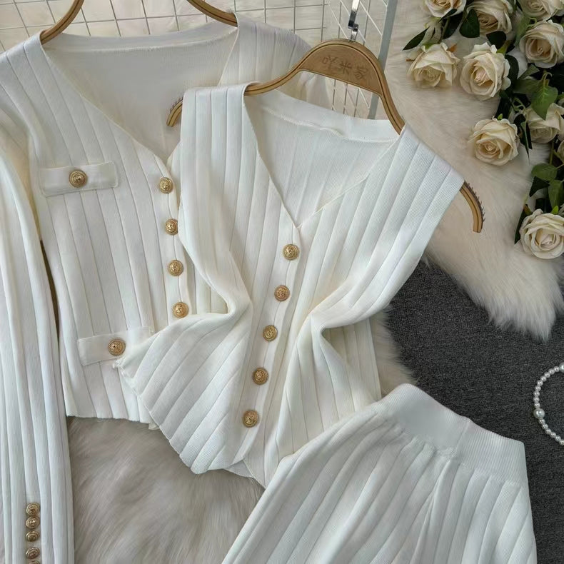 Women's New Fashion Set Korean Style Long Sleeved V Neck Single Breasted