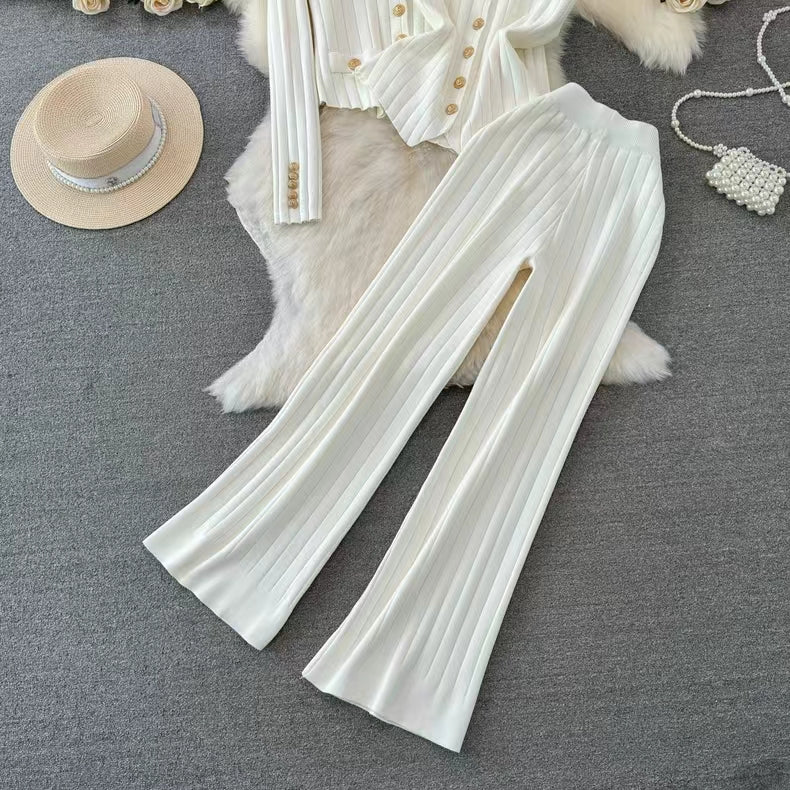 Women's New Fashion Set Korean Style Long Sleeved V Neck Single Breasted