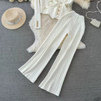 Women's New Fashion Set Korean Style Long Sleeved V Neck Single Breasted