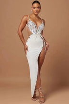 Women's Rhinestone Mesh Backless Split Maxi Dress