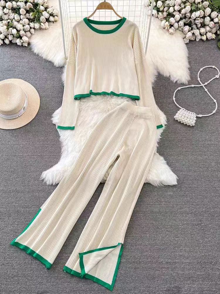 Fashion Temperament Suit Spring And Autumn New Stitching Contrast Knitted Jacket Pants Two-Piece Sweater