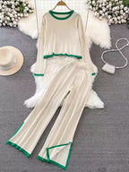 Fashion Temperament Suit Spring And Autumn New Stitching Contrast Knitted Jacket Pants Two-Piece Sweater