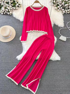 Fashion Temperament Suit Spring And Autumn New Stitching Contrast Knitted Jacket Pants Two-Piece Sweater