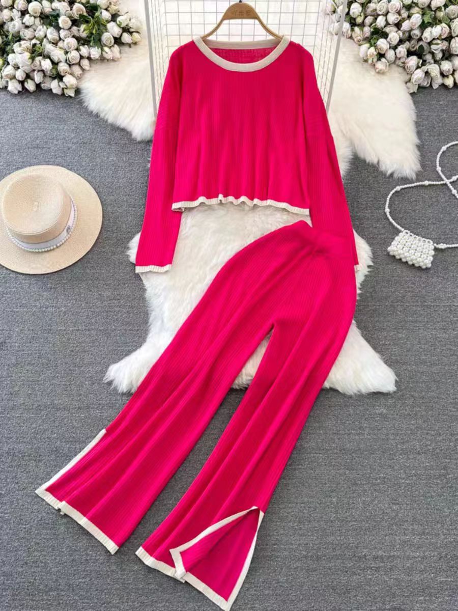 Fashion Temperament Suit Spring And Autumn New Stitching Contrast Knitted Jacket Pants Two-Piece Sweater