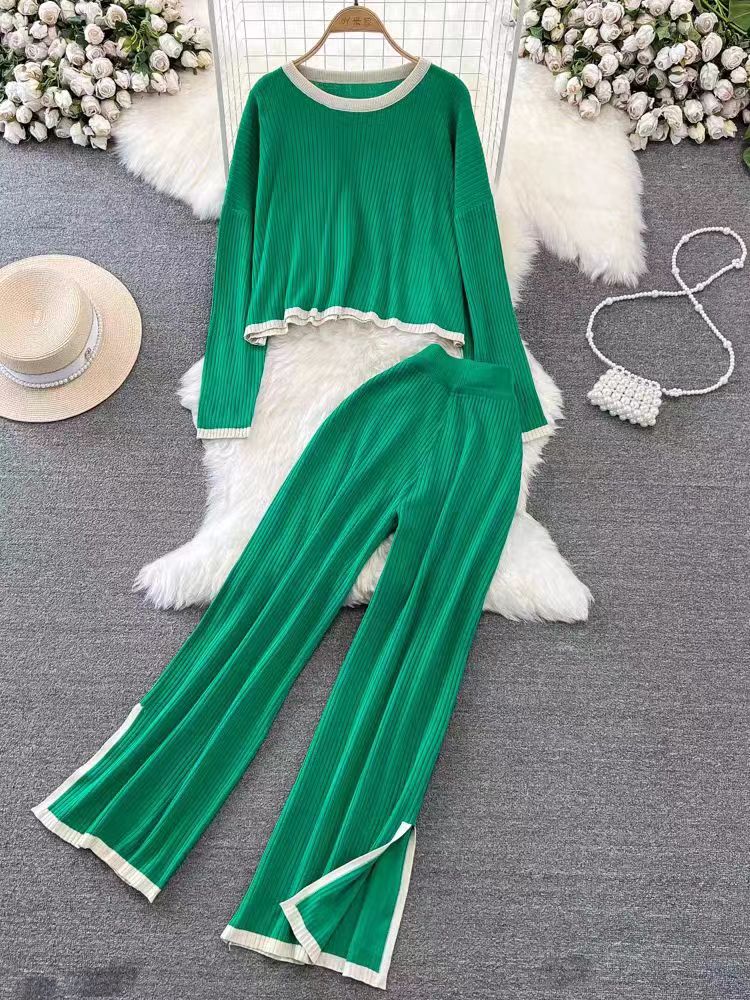 Fashion Temperament Suit Spring And Autumn New Stitching Contrast Knitted Jacket Pants Two-Piece Sweater