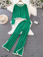 Fashion Temperament Suit Spring And Autumn New Stitching Contrast Knitted Jacket Pants Two-Piece Sweater