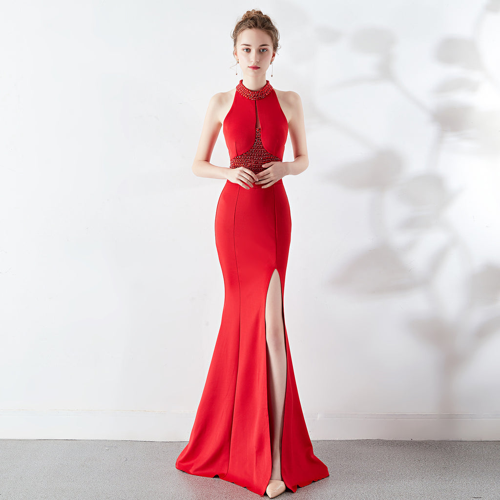 Women's Long Red Fishtail Halter Wedding Banquet Evening Dress Formal Gown