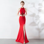 Women's Long Red Fishtail Halter Wedding Banquet Evening Dress Formal Gown