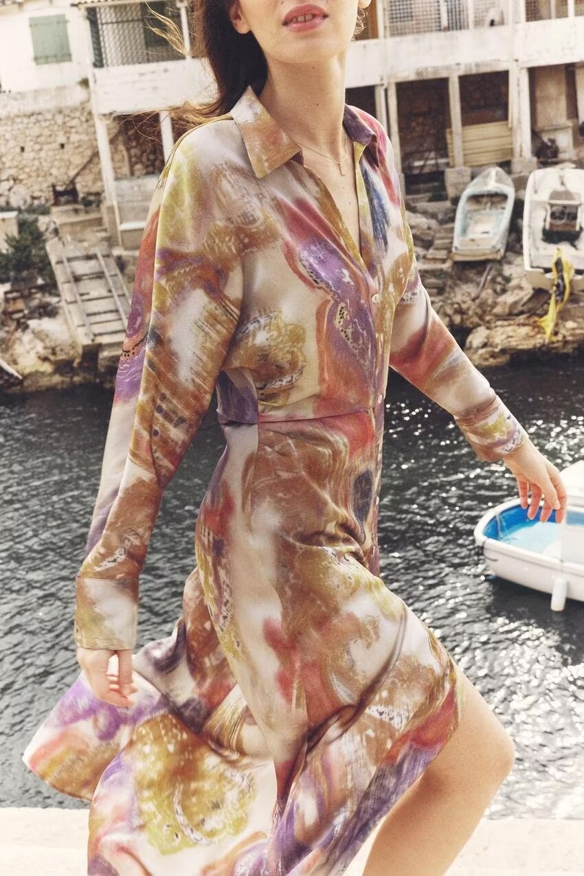 Spring Fashionable Printed Silk Satin Textured Dress