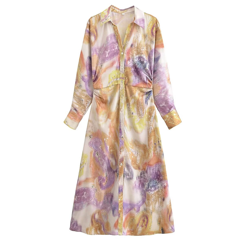 Spring Fashionable Printed Silk Satin Textured Dress