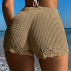 Women Clothing Hollow Out Cutout Lace Texture Solid Color Sheath Shorts Vacation Sun Protection Beach Pants Crochet hook