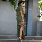 Rayon Army Green Short Sleeve Embroidered Beach Jacket Vacation Robe Beach Cover Up Outer Wear Dress Women