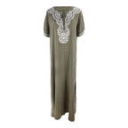 Rayon Army Green Short Sleeve Embroidered Beach Jacket Vacation Robe Beach Cover Up Outer Wear Dress Women