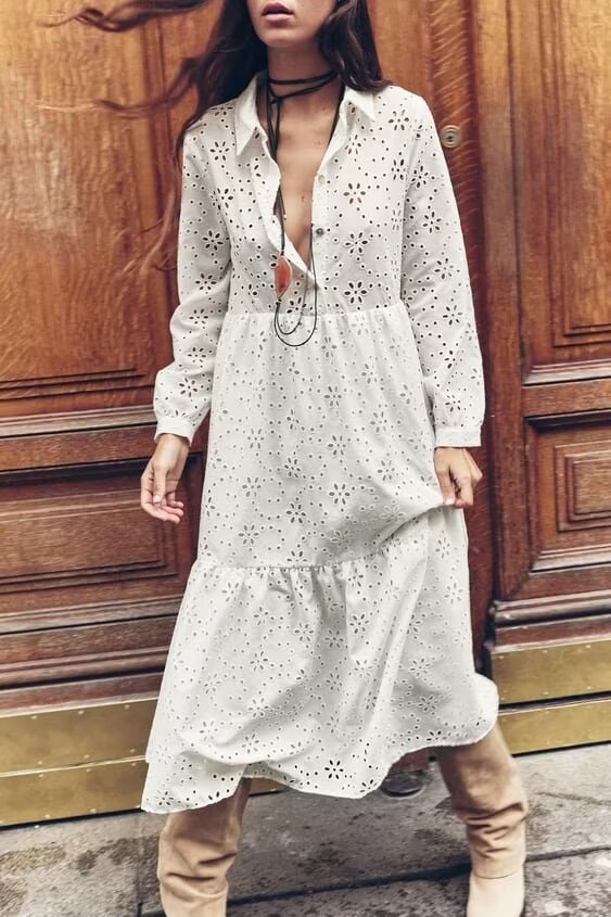 Embroidered Collared Shirt Midi Dress