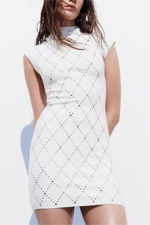 Mock-Neck Beaded Knit Mini Dress