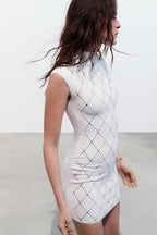 Mock-Neck Beaded Knit Mini Dress