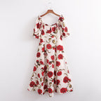 Women Tea Break French Sexy Waist Dress High Grade Elegant Square Collar Floral Dress