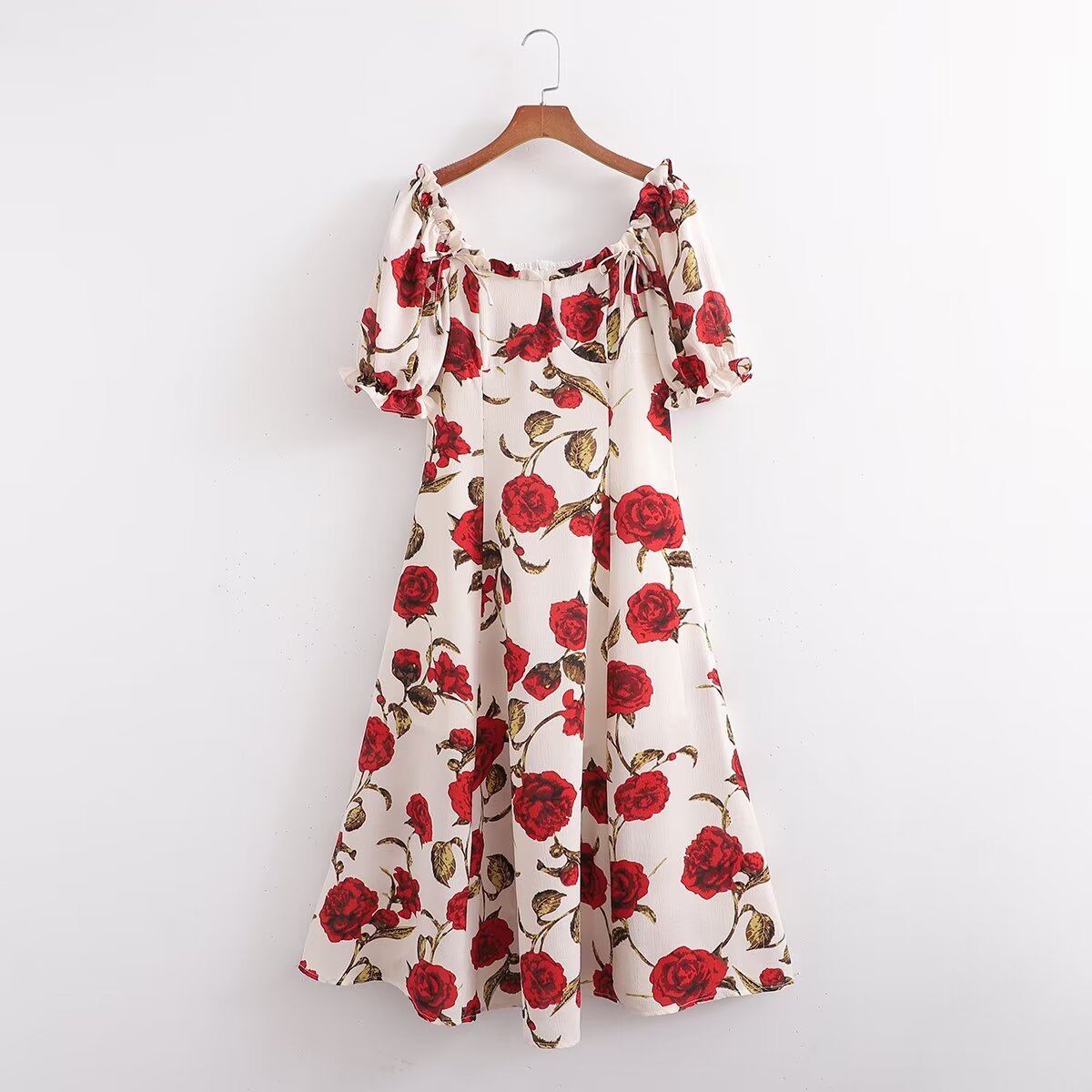 Women Tea Break French Sexy Waist Dress High Grade Elegant Square Collar Floral Dress