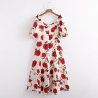 Women Tea Break French Sexy Waist Dress High Grade Elegant Square Collar Floral Dress