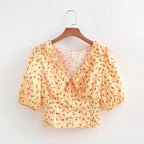 Women's Short V Neck Printed Short Sleeved Top