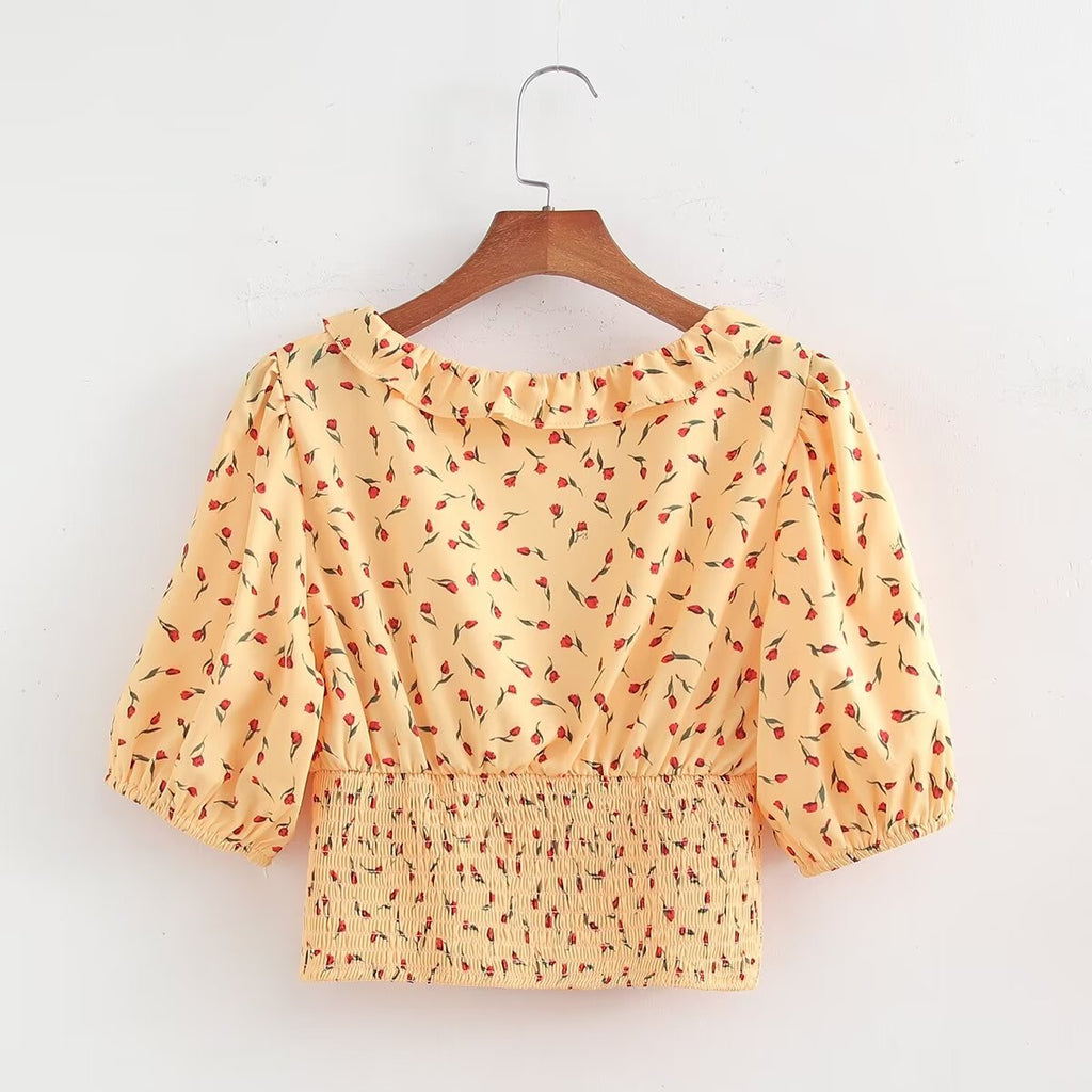 Women's Short V Neck Printed Short Sleeved Top
