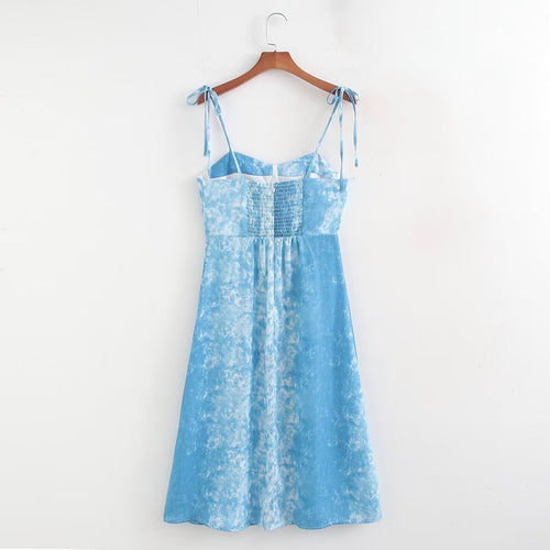 Spring Women Clothing Slim Fit Hemp Split Printed Cami Dress
